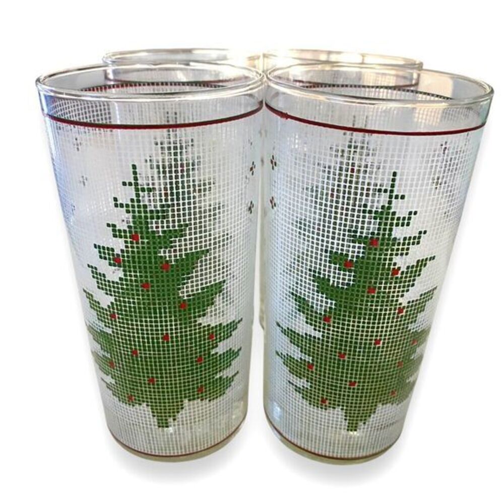 Vintage 4 pc CULVER Needlepoint Holiday Christmas Tree Glasses Highball Tumbler